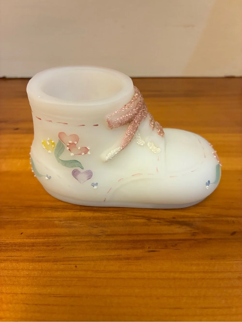 Vintage Fenton Hand-Painted White Satin Glass Baby Bootie Figurine
